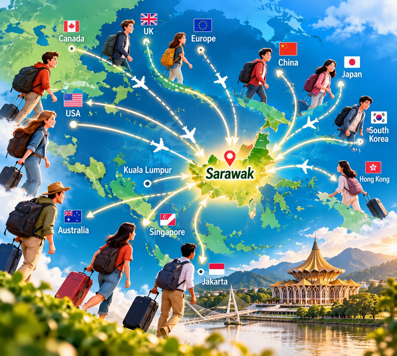 从世界不同地区前往砂拉越的地图视觉